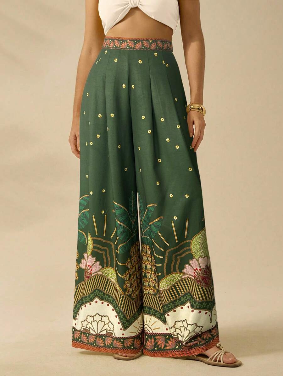 CAJUNI 热带复古印花休闲阔腿加长女裤，适合海滩/度假