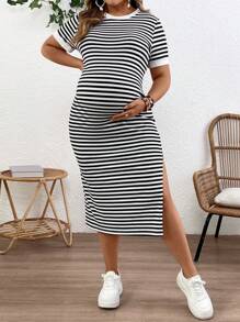 SHEIN 加大码孕妇条纹开衩下摆修身连衣裙