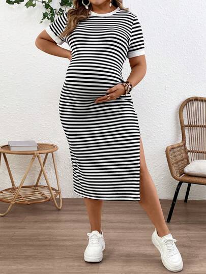 SHEIN 加大码孕妇条纹开衩下摆修身连衣裙