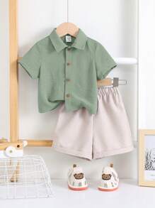 SHEIN 2pcs/Set Baby Boys/Girls Casual Solid Color Short Sleeve Shirt & Elastic Waist Shorts Set, Suitable For Summer Home, Outing, Travel And Vacation - Multicolor - View 3