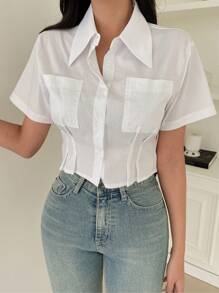 DAZY Camisa con bolsillo de parche unicolor y botones por delante, top de manga corta para verano - Blanco - Ver 6