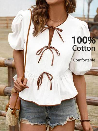 SHEIN LUNE Women's Casual Puff Sleeve Colorblock Bowknot Blouse, Basic Short Sleeve Top For Daily Wear, Spring/Summer Cotton