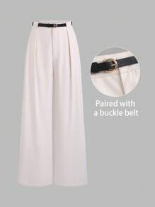 Sweetra Women's Apricot Metal Waist Belt Decor Commuting Versatile Casual Pleated Straight Leg Pants, Spring/Summer,Women Casual, Daily, Commute, Shopping Waist Design Pants