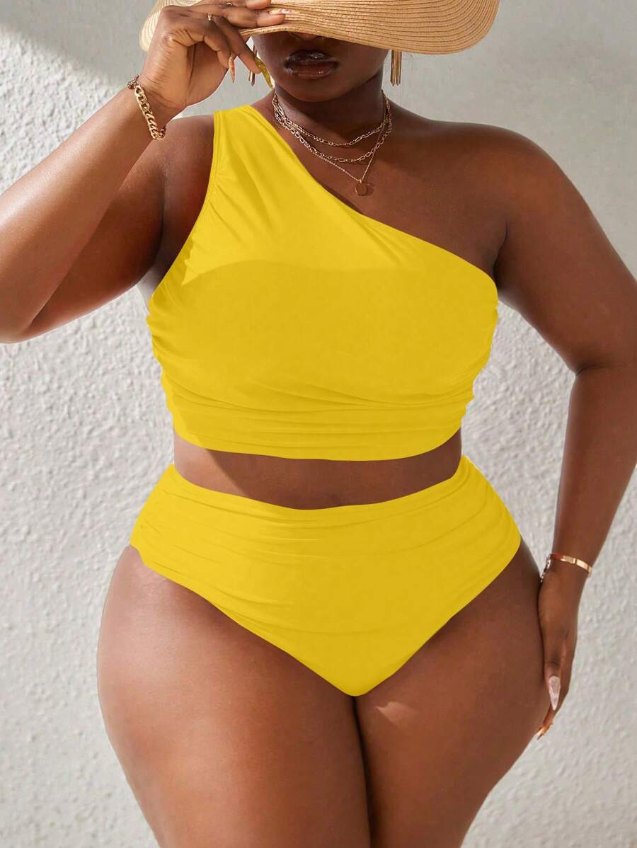 Slaydiva 2 件套女士加大码红色纯色比基尼套装，适合 2025 年新年和春节的休闲度假装 - 黃色 - 查看 1