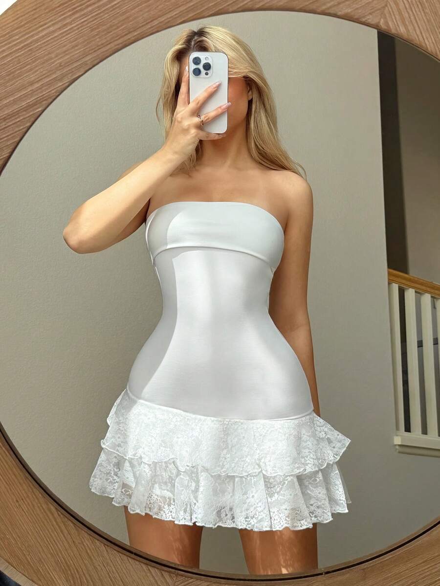 Sweetina Slim Fit Lace Ruffle Hem Mini Dress With Folding Collar - White - View 1