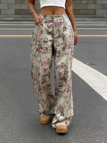 SHEIN EZwear Summer Country Concert Graphic Pants All-Over Print Patch Pocket Loose Fit Suit Pants - Grey - View 1