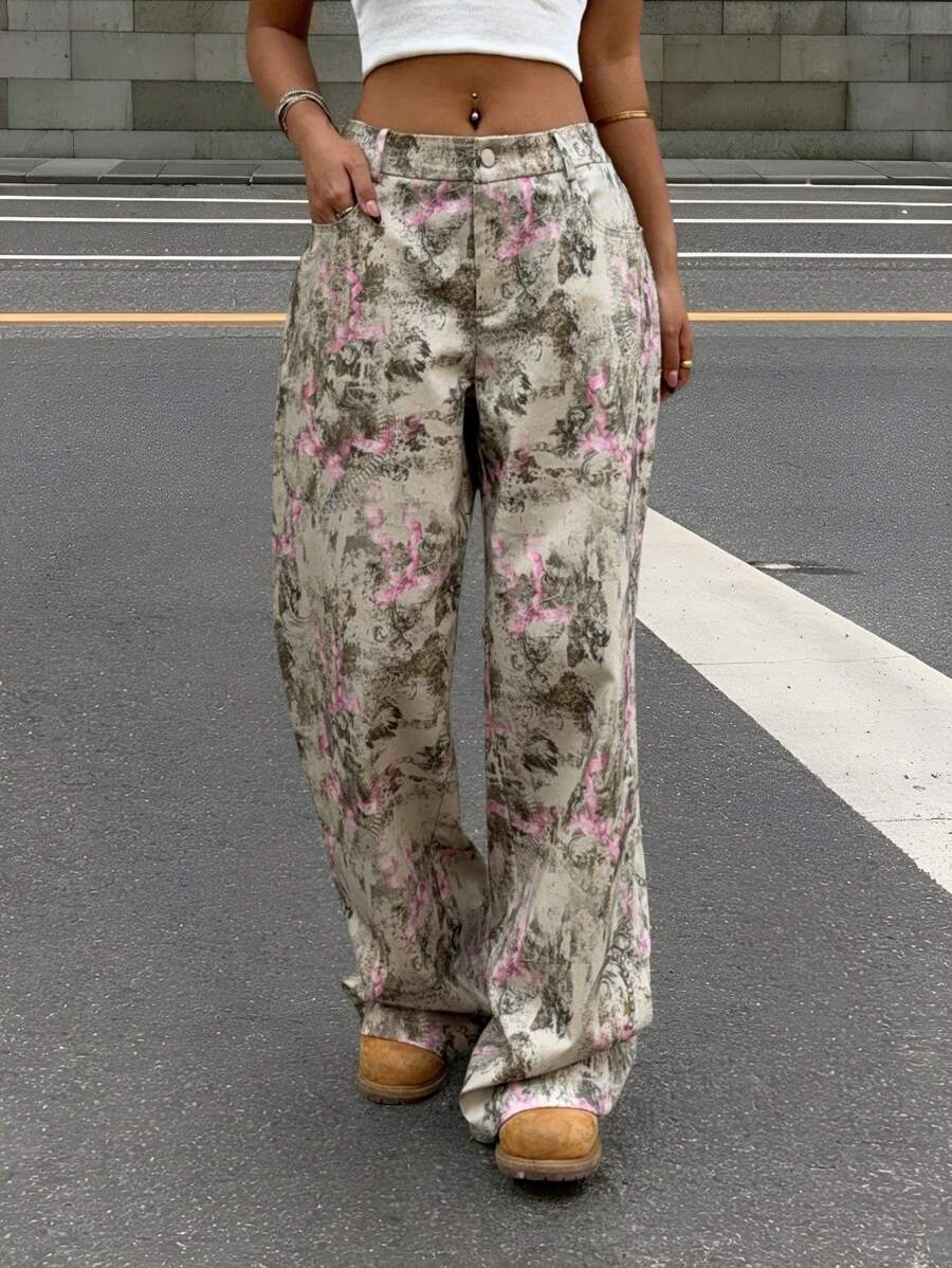 SHEIN EZwear Summer Country Concert Graphic Pants All-Over Print Patch Pocket Loose Fit Suit Pants - Grey - View 1
