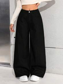 SHEIN Teen Girls Black Denim Long Jeans With Zipper Detail And Wide Leg Fit