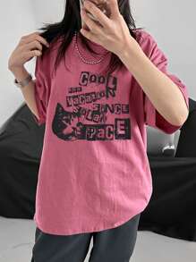 DAZY 女士圆领宽松印花短袖休闲 T 恤 - 粉色 - 查看 3