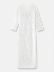 Maija Vestido flojo de escote en V color beige de estilo bohemio y romántico para mujer, vestido largo de manga larga cómodo y ajustado con detalles de encaje, lazo, y bordados, adecuado para primavera/verano - Blanco - Ver 9