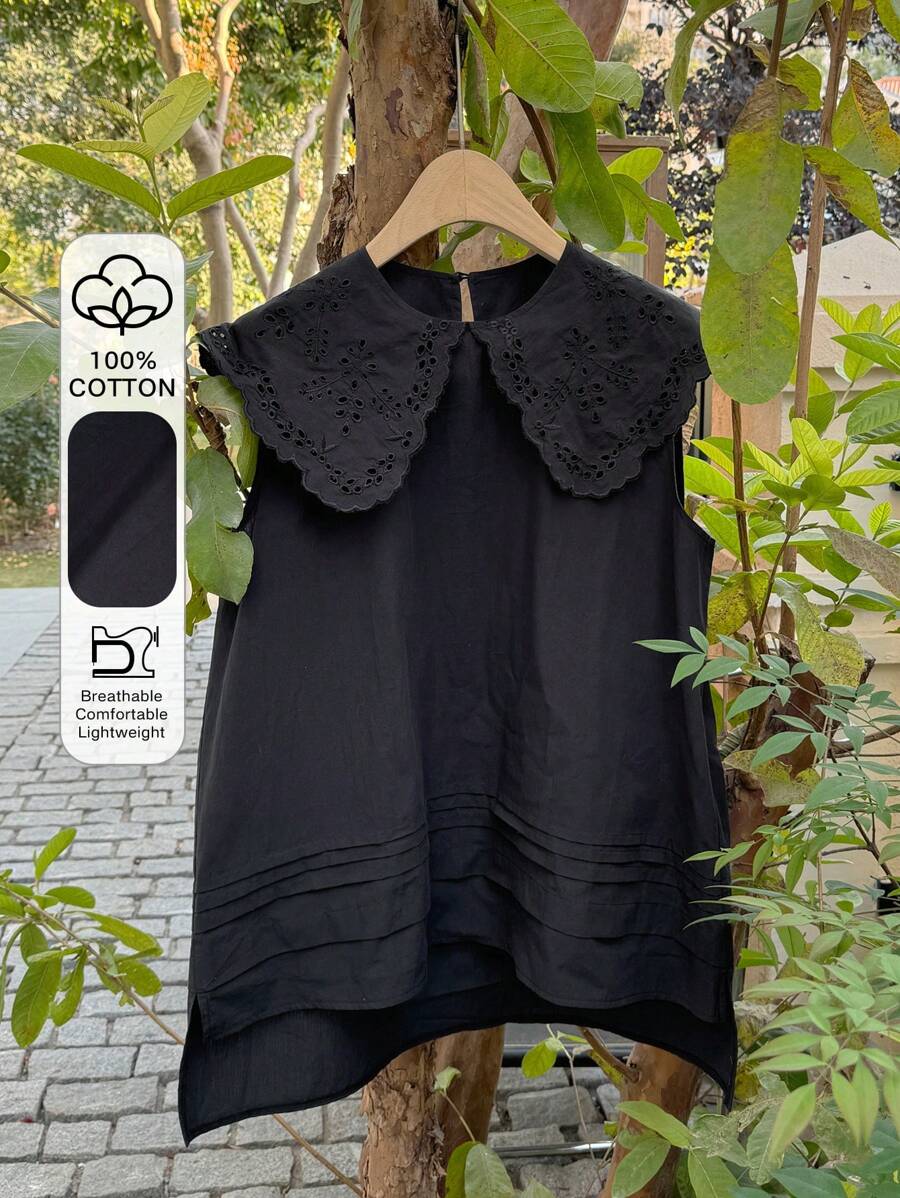 FRIFUL Áo kiểu nữ màu đen dáng rộng không tay, cổ Peter Pan thêu họa tiết, phong cách nghỉ dưỡng, thích hợp mặc đi nghỉ mát mùa hè. - màu đen - Xem 1