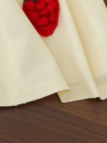 Young Girls' Fashion Solid Color Strawberry Embroidered Lapel Short Sleeve A-Line Elastic Waist Casual Dress, Suitable For Daily Wear, Summer Summer Holiday