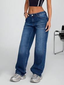 SHEIN Cottnline Low Waist Washed Straight Leg Jeans Y2k Summer - Medium Wash - View 4