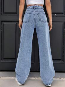 EMERY ROSE Quần Jeans Denim Dáng Rộng Túi Lưng Bất Đối Xứng Cho Nữ - Rửa nhẹ - Xem 2