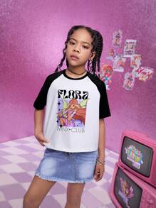 The Winx X SHEIN Tween Girl Magical Fairy Princess Print Casual Versatile Short Sleeve T-Shirt - Black - View 3