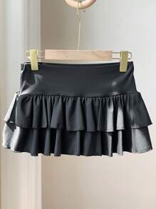 Comfortcana Women Solid Color Double Layer Ruffle Hem Mini Skirt For Summer - Black - View 4