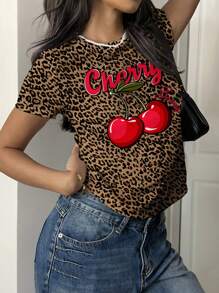 SHEIN EZwear 休闲简约可爱樱桃豹纹圆领短袖T恤女款，适合夏季 - 彩色 - 查看 6