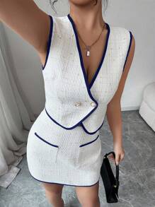 Elenzga 2 chiếc/Bộ Áo không tay vải tuýt thanh lịch giản dị dành cho nữ ngày lễ tình nhân có viền xếp nếp + Chân váy chữ A trang trí túi nhiều màu - Màu xanh hải quân - Xem 5