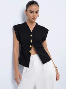 Aveloria Modichic 新款时尚高端收腰V领盖袖背心，优雅开叉不对称金属纽扣百搭通勤衬衫 - 黑色 - 查看 4