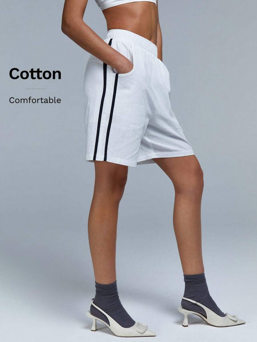 Athîral Women Linen Look Side Stripe Loose Casual Shorts With Pockets - White - View 1