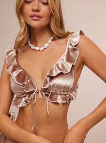 WESTFADE Summer Velvet Western V Neck Cute Bow Tie Front Adjustable Straps Backless Ruffle Peplum Bikini Top Spring Beach Vacation - Champagne - View 3
