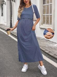 SHEIN 孕妇及哺乳条纹圆领短袖休闲连衣裙