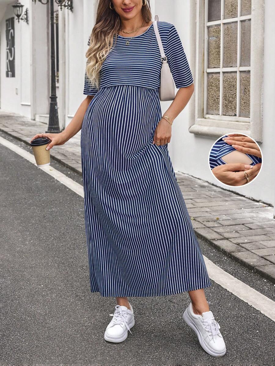SHEIN 孕妇及哺乳条纹圆领短袖休闲连衣裙
