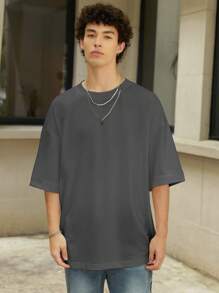 Manfinity Hypemode Casual Loose Men's Solid Drop Shoulder T-Shirt For Summer - Lead Gray - View 5