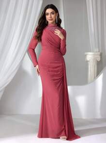 Coutiva Women Stand Collar Faux Pearl Long Evening Gown, Wedding Guest Dress Dress, Party Dress, Formal Dress