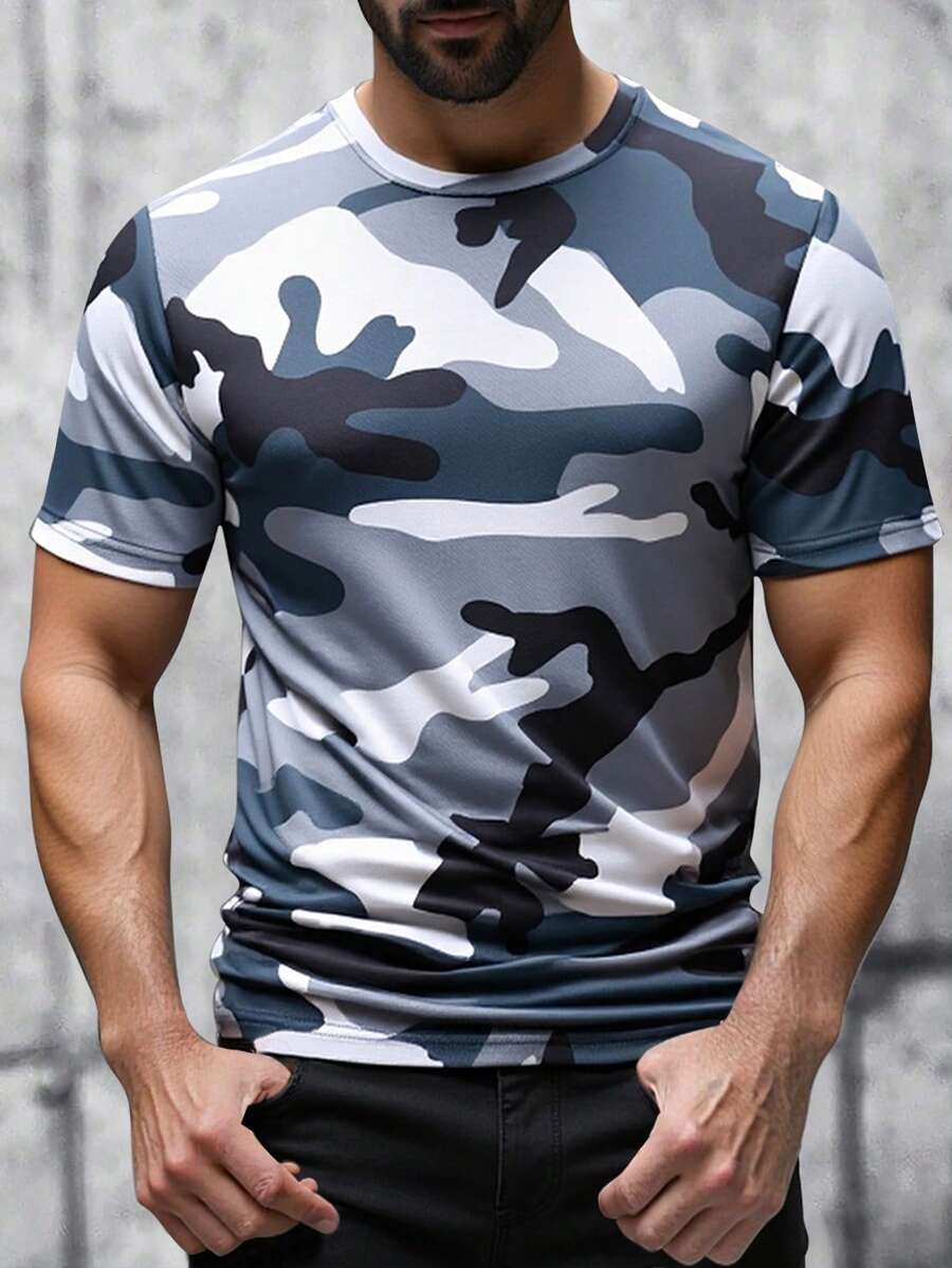 Manfinity LEGND 2025 Spring/Summer New Plus Size Men's T-Shirt, Fashionable Camouflage Pattern Round Neck Short Sleeve Tee