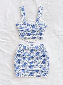 Soleia 女士粉色碎花修身背心和迷你裙两件套，海岛度假装 - 藍白色 - 查看 2