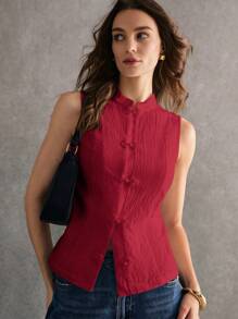 Poéselle Áo ba lỗ không tay cài nút phía trước đơn sắc dành cho nữ, cổ đứng, thường ngày - Màu Hoa hồng đỏ - Xem 6