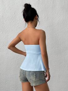 SHEIN EZwear Áo Bandeau dệt kim nhún bèo màu xanh dành cho nữ, mùa hè - Màu xanh lam - Xem 2