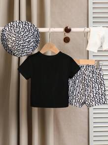 SHEIN 3pcs/Set Baby Boy Summer Knitted T-Shirt, Shorts And Hat Outfit - Multicolor - View 2