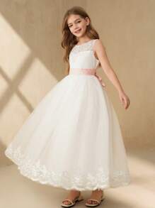 SHEIN 全新少女婚礼花童公主裙贴花薄纱泡泡裙钢琴演奏表演服花童选美礼服 - 白色 - 查看 3