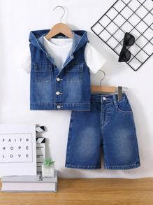 Conjunto informal de 2 piezas con chaleco de mezclilla y shorts para niños pequeños