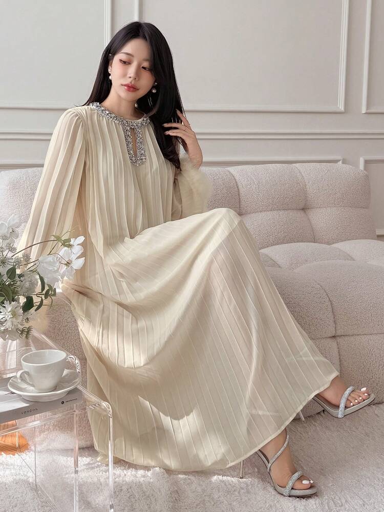 SHEIN X Hannahelzahed Fall New Arrival Loose Casual Elegant Diamond Decor Mid-Long Dress For Women Long Sleeve Dress Maxi Dress
