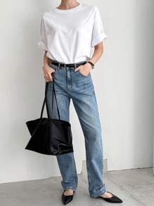 Dazy-Less Áo thun nữ tay ngắn cổ tròn tối giản, rộng rãi, thoải mái, phù hợp cho mùa hè, công sở, mặc đi làm - trắng - Xem 2