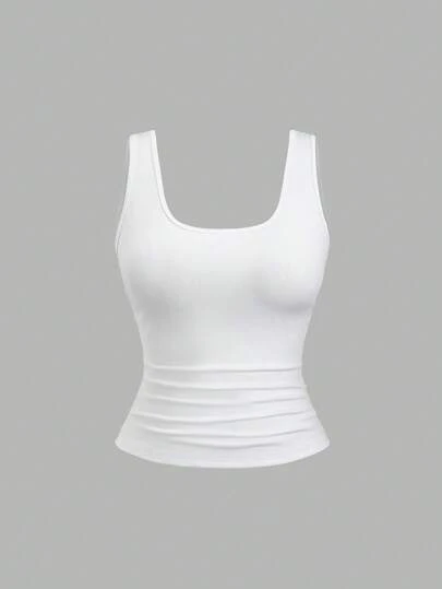 Sweetra Plus Size Women Summer Short Square Neck Pleated Casual Tank Top