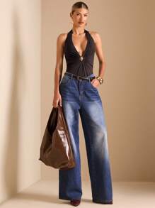 SHEIN BAE 夏季系带V领露背性感女式紧身衣 - 棕色 - 查看 1