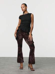 TypaGal Quần ống loe rách in họa tiết Tie Dye thời trang dành cho nữ - Cà phê nâu - Xem 3