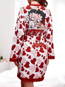 Betty Boop x SHEIN 女士夏季休闲红色爱心人像印花蕾丝睡袍，复古人像图案长袖睡袍，秋冬季 - 紅色 - 查看 2