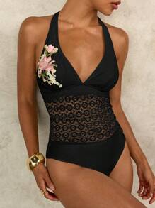 Swim Chiccia Áo ba lỗ ren rỗng thêu hoa màu be, đen, hồng thanh lịch cho nữ, áo bikini cho mùa xuân, mùa hè, mặc hàng ngày, đi biển, đi nghỉ - màu đen - Xem 4