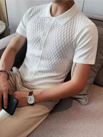 Manfinity CasualKnits Camisa de punto de manga corta informal con botones en la parte delantera de unicolor para hombres