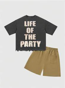 ROMWE MEN Street Life 2pcs/Set Men's Letter Print Short Sleeve T-Shirt And Shorts Set - Black - View 2