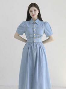DAZY Women's Light Washed Denim Turndown Collar Waist Cinched Long Shirt Dress - Light Wash - View 8