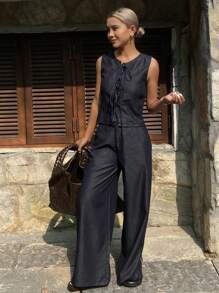 Women's Summer Bowknot Strap Top And Denim Pants 2pcs/Set, Casual Denim Outfit - Dark Wash - View 6