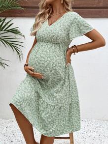 SHEIN Váy hoa giản dị cổ chữ V cho bà bầu đi nghỉ - màu xanh lá - Xem 3