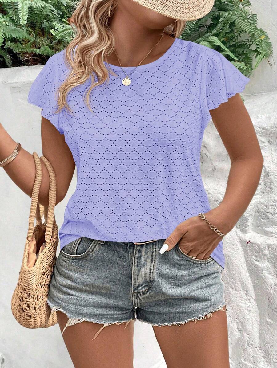 SHEIN VCAY CURVE 女士加大码圆领荷叶边袖休闲百搭T恤