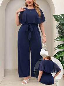 SHEIN Clasi 大码女式优雅阔腿荷叶边下摆纯色连体裤，女式夏季服装，商务休闲女装，女式外出上衣，女式办公室服装，女式春季服装，节日，老钱，优雅女士服装，女式端庄服装，女式休闲上衣，春假，适合日常优雅穿着 - 藏蓝色 - 查看 1